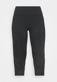 Black athletic leggings feature a high waistband, smooth fabric texture, and a fitted design. No visible patterns or accents.