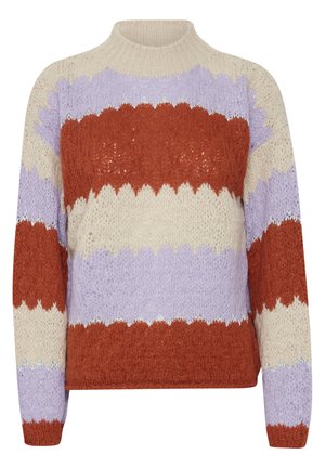 Striktrøje med høj hals, med skiftende bølgede striber i beige, lavendel og rustfarver. Blødt, tekstureret garn.