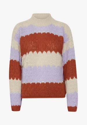 Neulepusero, jossa on korkea kaula-aukko ja vuorotellen aaltoilevia raitoja beige, laventelin ja ruosteen väreissä. Pehmeä, tekstuuriineulelanka.