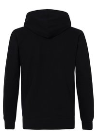 Schwarzer Kapuzenpullover mit langen Ärmeln, gerippten Bündchen und Saum, Rückansicht vor weißem Hintergrund gezeigt.