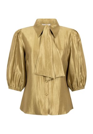 Gold satin blouse with a tied neck bow, puffed sleeves, button closure, and smooth texture; features a structured collar and gathered detailing.