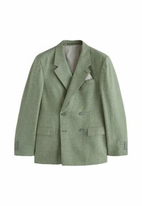 Blazer double boutonné en vert texturé avec des revers crantés, deux poches avant et une poche poitrine, avec des boutons gris et une doublure claire.