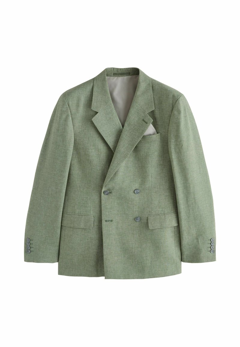 Blazer double boutonné en vert texturé avec des revers crantés, deux poches avant et une poche poitrine, avec des boutons gris et une doublure claire.