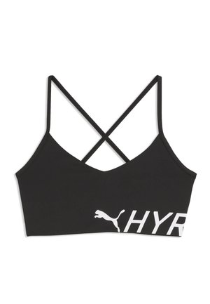 Schwarzer Sport-BH mit dünnen, überkreuzten Trägern und weißem Puma-Logo sowie einem Teil des Wortes "HYPER" am unteren vorderen Rand.