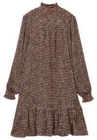 Langärmliges Kleid mit hohem Kragen, das ein strukturiertes Muster in Braun, Orange und Creme zeigt, mit einem gerafften Oberteil und einem rüschierten Saum.