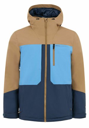 Chaqueta con bloques de color en marrón claro, azul y marino. Cuenta con un cierre frontal de cremallera, capucha ajustable y un bolsillo en el pecho con cierre de cremallera. Textura suave.