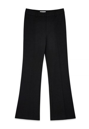 Black high-waist tailored pants with belt loops, a front zipper, and slightly flared legs, laid flat on a white background.