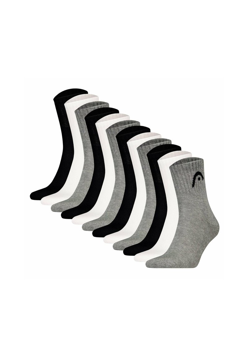 Juego de 10 calcetines en negro, blanco y gris. Cada calcetín tiene un puño acanalado y una textura suave, diseñado para comodidad y durabilidad.