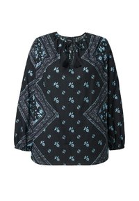 Blusa negra de manga larga con patrones florales y geométricos en azul claro y púrpura. Cuenta con un cuello redondeado con detalle de lazo y borlas.