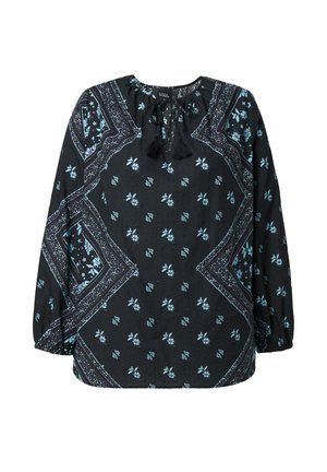 Blouse noire à manches longues, motifs floraux et géométriques en bleu clair et violet. Présente un col arrondi avec un détail noué et des pampilles.