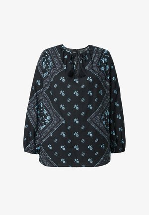 Blouse noire à manches longues, motifs floraux et géométriques en bleu clair et violet. Présente un col arrondi avec un détail noué et des pampilles.
