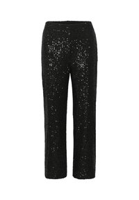 Svarta paljettbyxor med rak skärning, som har en elastisk midja. Ytan har en texturerad glans från jämnt fördelade paljetter.