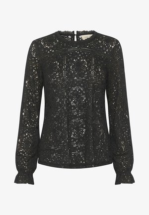 Blusa de encaje negro con mangas largas, que presenta un patrón floral, escote con bordes festoneados y un brillo sutil. Incluye un cierre en la parte trasera y puños con volantes.