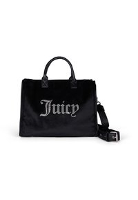 Svart sammetsväska med kristallbeströdd "Juicy"-logotyp, dubbla handtag och en avtagbar axelrem. Texturerad yta, strukturerad form.