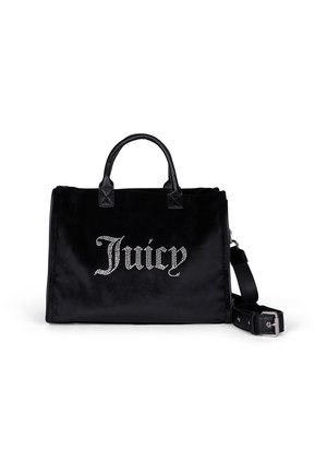 Borsa in velluto nero con logo "Juicy" tempestato di cristalli, doppi manici e tracolla rimovibile. Superficie texture, forma strutturata.