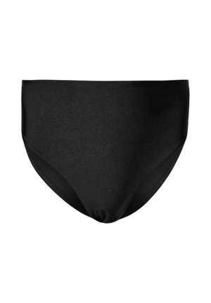 Czarne kąpielówki z wysokim stanem wykonane z gładkiej, bezszwowej tkaniny, o prostym i klasycznym kroju.