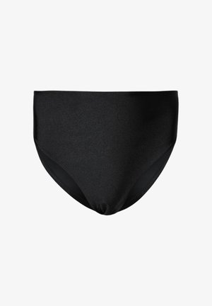 Czarne kąpielówki z wysokim stanem wykonane z gładkiej, bezszwowej tkaniny, o prostym i klasycznym kroju.