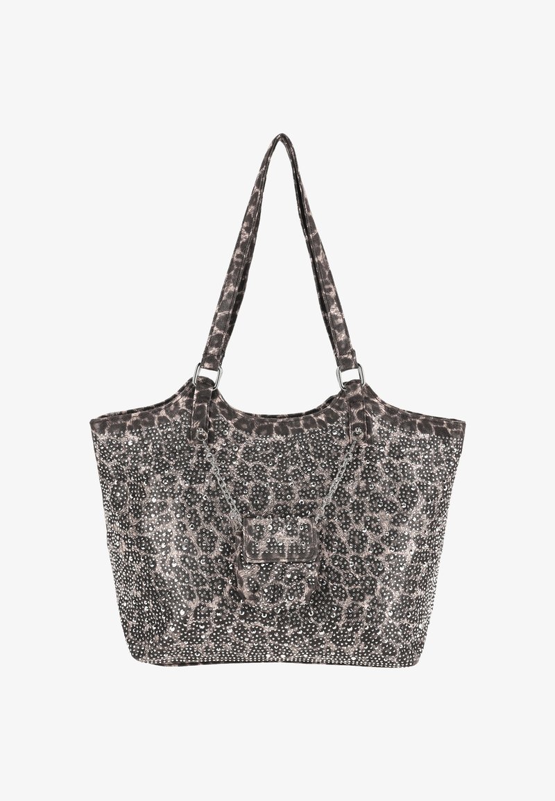 Synthetic tote bag with leopard print pattern, adorned with silver rivets, dual handles, and a structured shape. Main color is grey.