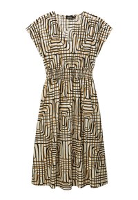 Robe à manches courtes avec un col en V, présentant un motif géométrique en noir, marron et beige. Taille smockée et jupe fluide. Matière en coton.