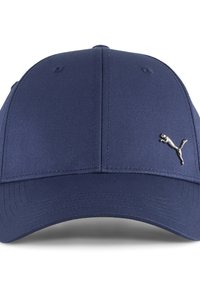 Casquette de baseball bleu marine en tissu lisse, dotée d'un visière courbée et d'un logo Puma en argent sur le devant.
