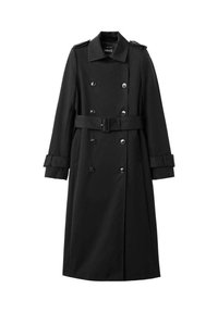 Abrigo negro con diseño de doble botonadura, hombreras, cintura ceñida con cinturón y detalles de botones. Fabricado en tela suave, cuenta con mangas largas.