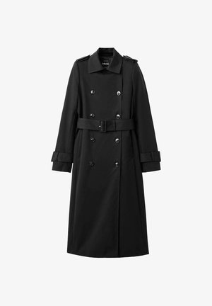 Mustapakkainen trench-takki, jossa on kaksirivinen malli, hartiapanssarit, vyötärölle kiristettävä vyö ja napin yksityiskohtia. Valmistettu sileästä kankaasta, pitkät hihat.