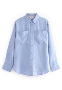 Chemise bleu clair à boutons, fabriquée en tissu doux, dotée d'un col classique, de deux poches poitrine et de manches longues avec poignets boutonnés.