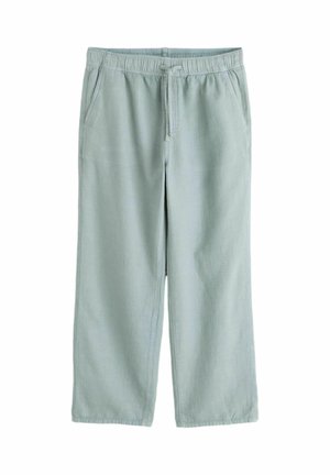 Pantaloni casual albastru deschis, cu talie elastică, șnur și buzunare laterale, prezentați întinși pe un fundal alb.