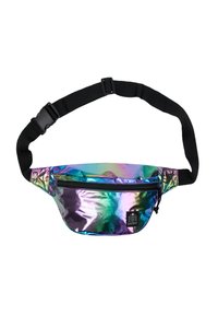 Iridescente heuptasje met een glanzende afwerking, voorzien van een zwarte verstelbare band en een ritszak. Rechthoekige vorm met logo-detail.