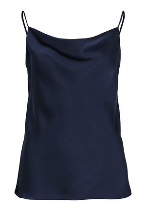 Débardeur en satin bleu marine avec un décolleté drapé, des bretelles fines et ajustables, et une texture douce et lisse. Design simple sans motifs.