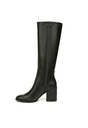 Black knee-high leather boots with a pointed toe, textured block heel, and side zipper detailing. Smooth finish and fitted design.