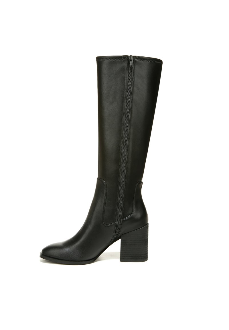 Black knee-high leather boots with a pointed toe, textured block heel, and side zipper detailing. Smooth finish and fitted design.