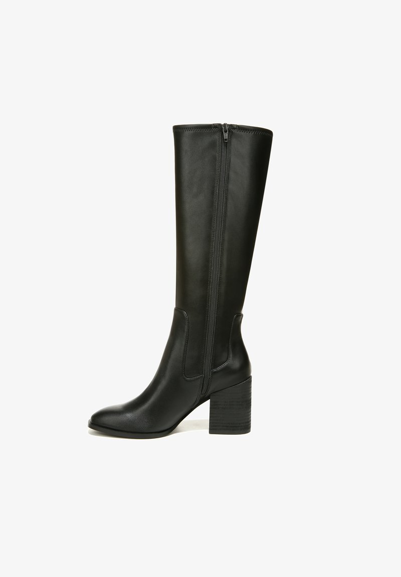 Black knee-high leather boots with a pointed toe, textured block heel, and side zipper detailing. Smooth finish and fitted design.