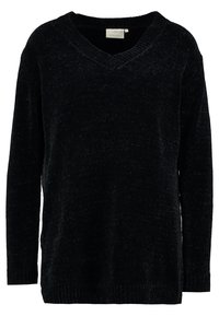 Černý pletený svetr s výstřihem do V, dlouhými rukávy a žebrovaným lemem. Materiál má texturovaný vzhled s různými vzory po celém povrchu.