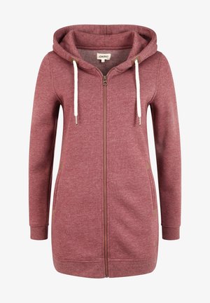 Różowa bluza z kapturem na zamek z sznurkiem, dwa boczne kieszenie i teksturowany materiał. Posiada brązowe akcenty przy kieszeniach.