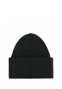 Beanie a maglia verde scuro con texture a costine. Presenta un bordo ripiegato e una parte superiore rotonda senza cuciture. Realizzato in materiale morbido e elastico.