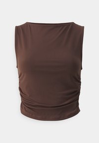 Brązowy bezrękawnik wykonany z gładkiej tkaniny, z okrągłym dekoltem i marszczeniami po bokach, o dopasowanym kroju, bez widocznych elementów metalowych.