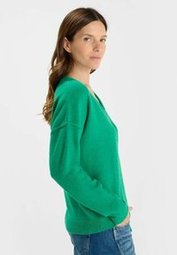 Groene wol trui met V-hals, lange mouwen en een relaxte pasvorm. Kenmerkt zich door ribgebreide manchetten en zoom, gedragen over blauwe jeans.