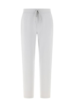 Pantaloni jogger grigio chiaro realizzati in tessuto morbido, con vita con coulisse, gambe affusolate e senza motivi o accessori visibili.