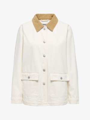 Béžová bunda na knoflíky s límečkem z hnědého manšestru, dvě přední kapsy s klopami a knoflíky, dlouhé rukávy.