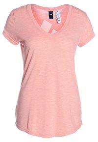 Růžové tričko s výstřihem do V a krátkými rukávy, vyrobené z měkké, lehké tkaniny s jemnou melírovanou strukturou. Viditelné štítky uvnitř.