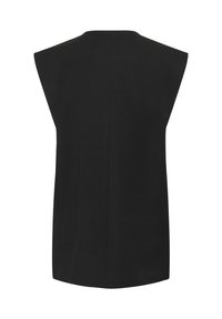 Black sleeveless top with a straight cut, smooth texture, and minimal design. Features a high neckline and no visible fastenings.