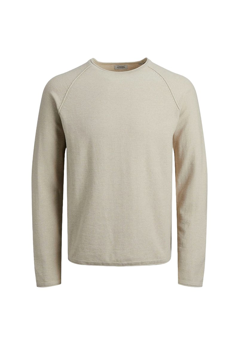 Suéter beige de manga larga tipo crewneck con mangas raglán, tejido texturizado y dobladillo recto. Diseño simple, sin patrones ni acentos.