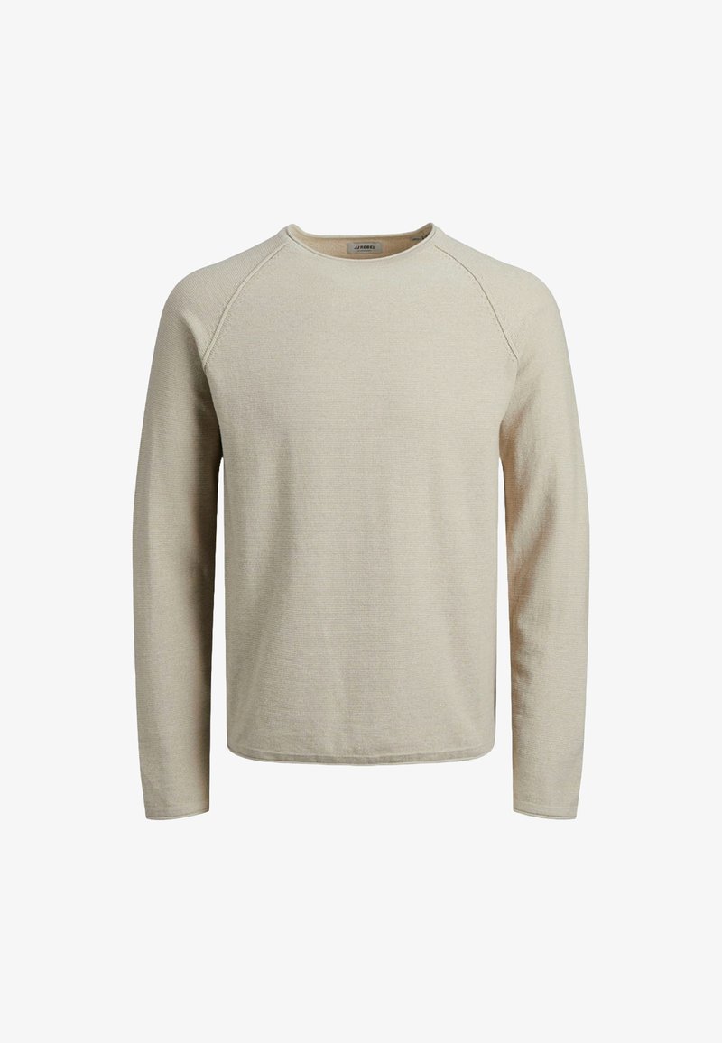 Suéter beige de manga larga tipo crewneck con mangas raglán, tejido texturizado y dobladillo recto. Diseño simple, sin patrones ni acentos.