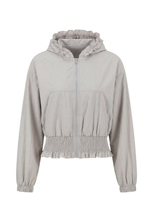 Giacca donna grigio chiaro con cappuccio, zip frontale, polsini elastici, vita arricciata e bordi arruffati su cappuccio e orlo.