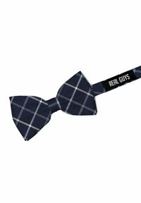 Marineblaues Karobowtie mit weißen und hellgrauen Streifen; strukturiertes Material, solider schwarzer verstellbarer Riemen mit der Aufschrift "ECHTE MÄNNER."