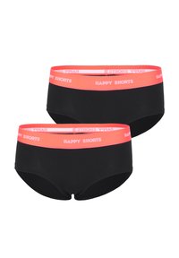 Zwarte boxershorts voor vrouwen met een roze elastische tailleband waarop "HAPPY SHORTS" staat. Zacht materiaal, strakke pasvorm met naadloze randen.