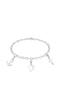 Bracelet en chaîne en argent avec trois charms : une ancre, un cœur et une croix, tous en métal poli avec une texture lisse.