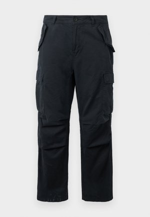 Zwarte cargobroek van duurzaam materiaal, met meerdere zijzakken, een rechte pijpdesign en een knoopsluiting bij de taille.