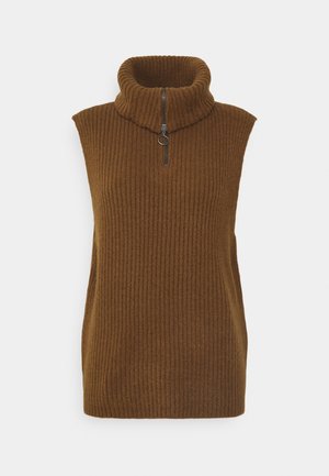 Ribattu ilmanhihaista neuletta tummanruskeana, jossa on korkea kaulus, puolivälin vetoketju ja pyöreä vetopullo, valmistettu pehmeästä, teksturoidusta materiaalista.